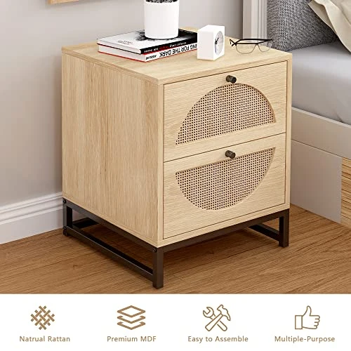 AWQM Rattan Nightstand Set Of 2,Farmhouse End Table Set Of 2,Wood Sofa Side Table,Accent Table With Storage, Bedside Table Accent Storage Cabinet For Bedroom Living Room,Metal Legs,Beige - Image 4