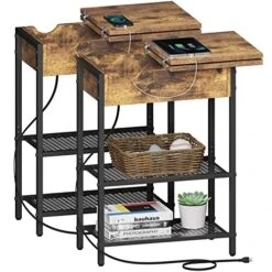 Lifewit Narrow Nightstands End Side Table With Power Outlets & USB Ports, Flip Top Drawer With Metal Shelves And Charging Stations For Small Places, Living Room, Bedroom, Rustic Brown, Set Of 2