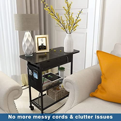 Slim Side Table With USB Ports And Outlets, Narrow End Table With Storage Shelf And Bag For Small Spaces 2 Sides Flip Top Nightstand With Charging Station Rolling Wheels For Living Room Bedroom Black - Image 4