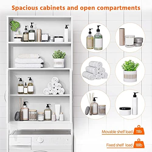 Yaheetech Over The Toilet Storage, Taller Bathroom Organizer Space-Saving Storage Cabinet With Adjustable Shelves And Double Doors, 77 In H, White - Image 4