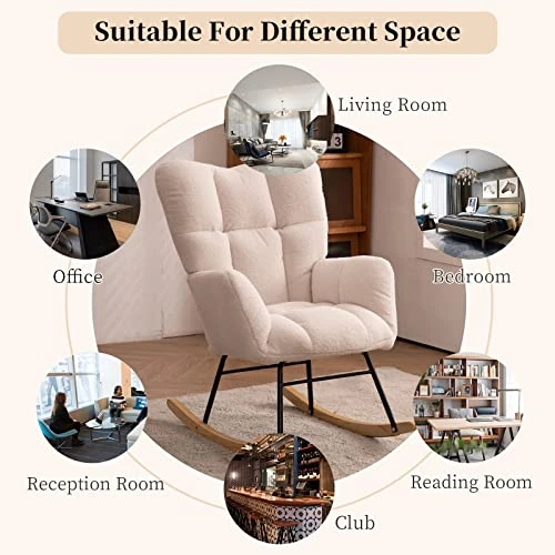 NIOIIKIT Nursery Rocking Chair Teddy Upholstered Glider Rocker Rocking Accent Chair Padded Seat With High Backrest Armchair Comfy Side Chair For Living Room Bedroom Offices (Ivory Teddy) - Image 4