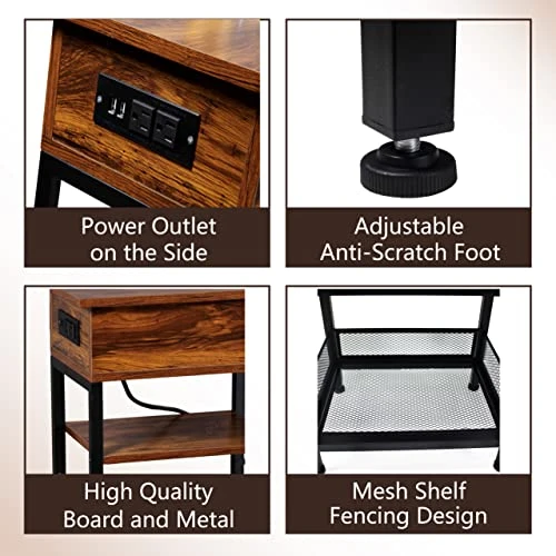 SZLHANJZ Bedroom Nightstand, Narrow Nightstand With Charging Station, Slide Open Small Side Table 3-Tier, Wood And Metal End Table With Drawer And Storage For Small Space Living Room Dorm, Brown - Image 3