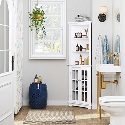 Spirich Home Bathroom Tall Corner Storage Cabinet, Floor Slim Display Storage Cabinet With Windowpane Glass Doors And Adjustable Shelves For Bathroom, Kitchen, Living Room Or Bedroom, White - Image 5