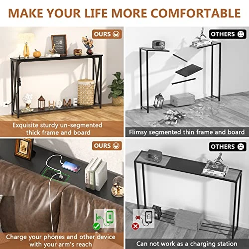 Karcog Narrow Console Table With Recessed Power Strip, 47 Inch Sofa Entry Table With 2 AC Outlets & 2 USB Ports, Industrial Farmhouse Style Accent Hallway Table For Living Room, Black - Image 4