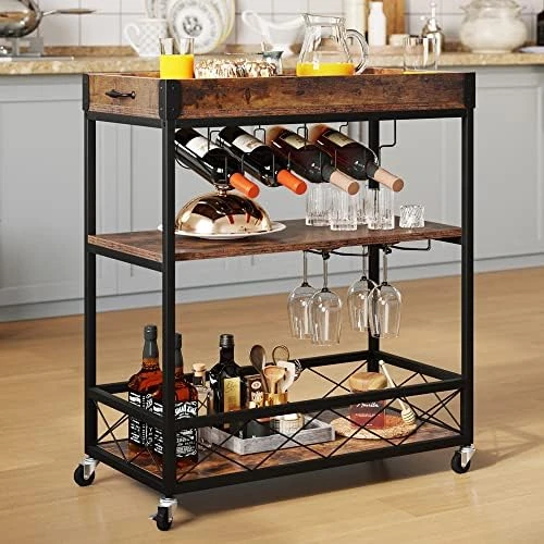YITAHOME Industrial Bar Carts For The Home, Mobile Serving Cart On Wheels With Removable Wood Top Container, 3-Tier Kitchen Cart With Wine Rack Glasses Holder, Rustic Brown - Image 4