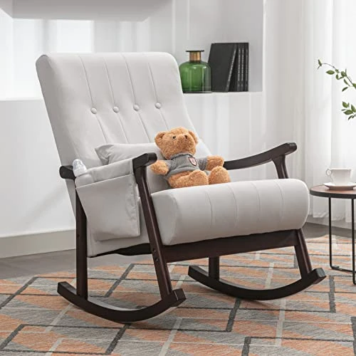 Attaliarec Rocking Chair Nursery, Rocker Glider Chair For Nursery High Back, Accent Living Room Chairs, Tufted Nursing Comfy Chairs For Mom, Gift, Side Pocket, Lumbar Pillow, Light Gray - Image 6