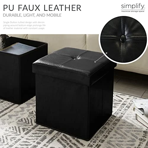 Simplify Folding Storage Ottoman, Toy Box Chest, Faux Leather,Tufted Padded Seating, Bench, Foot Rest, Stool, Single, Black - Image 6
