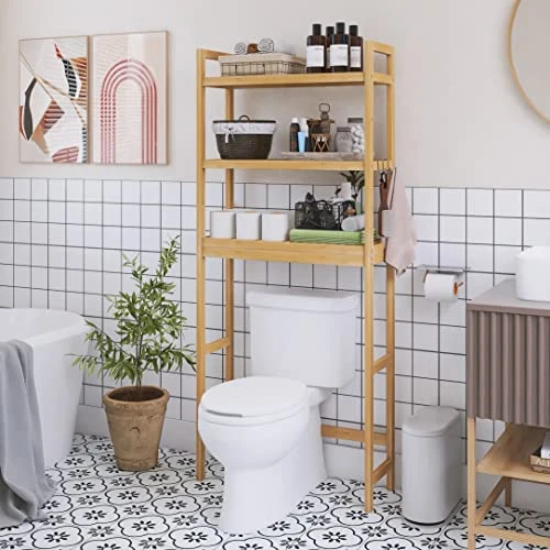 SMIBUY Bathroom Storage Shelf, Bamboo Over-The-Toilet Organizer Rack, Freestanding Toilet Space Saver With 3-Tier Adjustable Shelves (Natural) - Image 2
