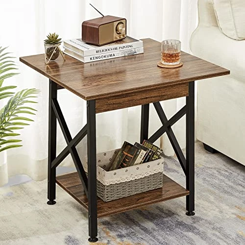 GreenForest End Table 24 Inch Industrial Design Large Side Table With Storage Shelf For Living Room, Easy Assembly, Rustic Walnut