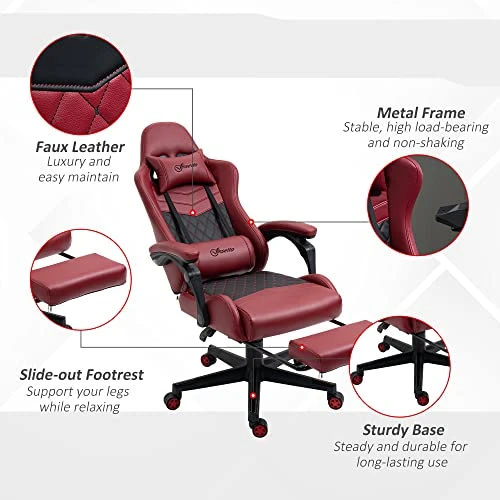 Vinsetto Racing Gaming Chair Diamond PU Leather Office Gamer Chair High Back Swivel Recliner With Footrest, Lumbar Support, Adjustable Height, Red - Image 6