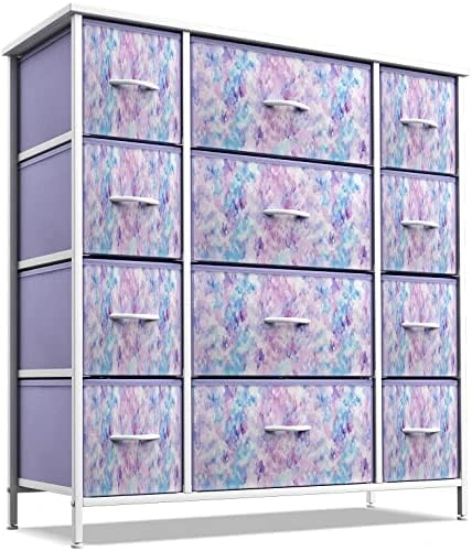 Kids Dresser With 12 Drawers - Chest Organizer Unit With Steel Frame Wood Top & Handle, Fabric Bins For Clothes - Large Furniture For Bedroom Hallway Kids Room Nursery & Closet (Blue - Tie-dye) - Image 10