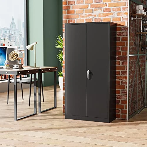 Superday Locking Metal Storage Cabinets, 71" Lockable Steel Storage Cabinet, Tall Black Cabinet With 2 Doors And 4 Adjustable Shelves For Garage, Home Office, Classroom, Pantry, File, Easy Assemble - Image 4