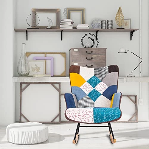 FATFISH Rocking Chair, Tufted Upholstered Rocking Chair For Nursery, Comfy Wingback Glider Rocker With Safe Solid Wood Base For Living Room Bedroom Balcony