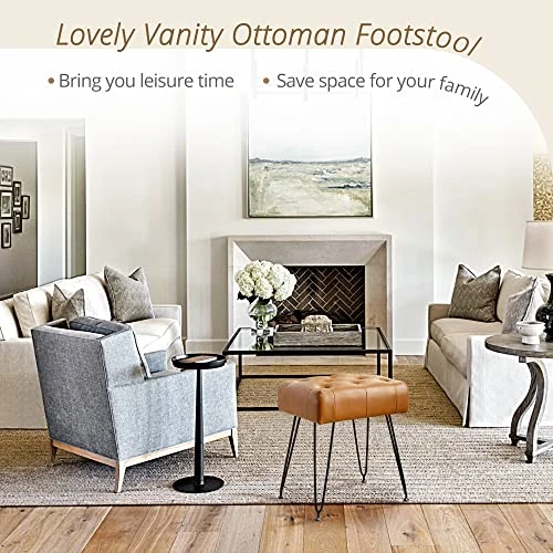 LUE BONA Modern Faux Leather Rectangle Vanity Stool, Vanity Chair For Makeup Room, Whiskey Brown Ottoman Foot Rest Entryway Bench With Black Legs For Bedroom Living Room - Image 3