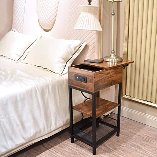 SZLHANJZ Bedroom Nightstand, Narrow Nightstand With Charging Station, Slide Open Small Side Table 3-Tier, Wood And Metal End Table With Drawer And Storage For Small Space Living Room Dorm, Brown - Image 2