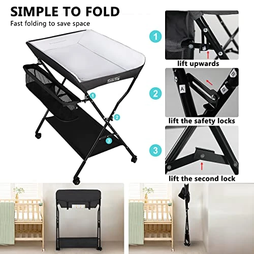 Kinder King Portable Baby Changing Table W/Wheels, Adjustable Height Folding Infant Diaper Station, Mobile Newborn Nursery Organizer, Large Storage Rack, Black - Image 4