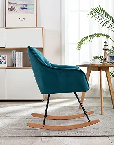 Compact Velvet Rocking Chair, Comfy Accent Rocker Chair For Babies Nursery, Upholstered Glider For Bedroom, Living Room (Teal) - Image 4