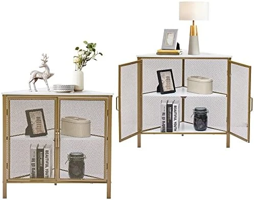 VECELO Cabinet/Table, 3-Tier Display Shelves With Protection Door, Metal Frame Storage Shelf Organizer For Small Space, Living Room, Kitchen, Bathroom, Set Of 2, Grey+Black - Image 10