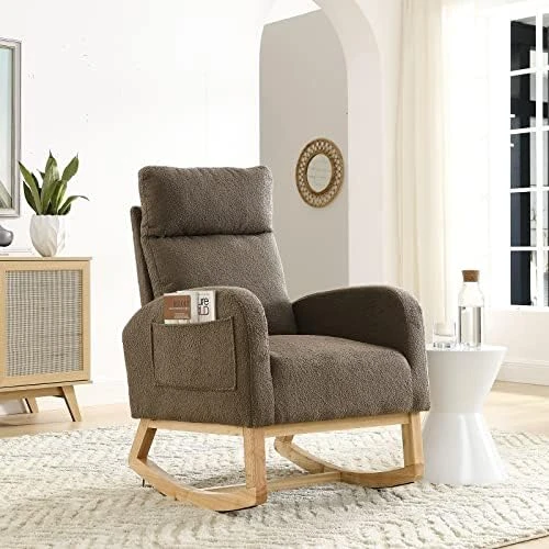 JEEOHEY Nursery Rocking Chair, Modern Upholstered Teddy Fabric Rocker Glider Chairs Single Sofa Chair With Solid Wood Legs, Side Pockets, White - Image 8