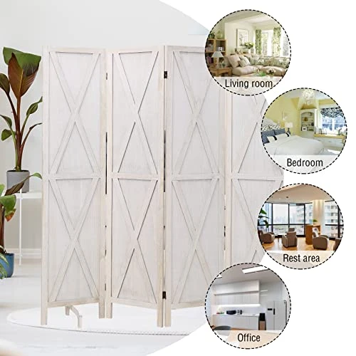 ECOMEX 4 Panel Room Divider 5.8 FT Foldable Panel, Privacy Wall Portable Room Dividers Screen Wood Room Mesh Durable Design Freestanding Wooden Separator(Cream X) - Image 4