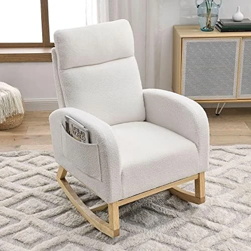 Krinana Nursery Rocking Chair With Solid Wood Legs, Glider Chair For Nursery With Two Side Pockets, Rocker Armchair For Living Room Bedroom (Beige, Linen Fabric) - Image 8