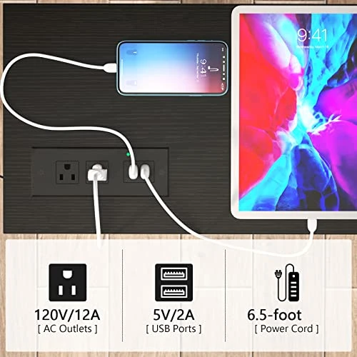 Karcog Narrow Console Table With Recessed Power Strip, 47 Inch Sofa Entry Table With 2 AC Outlets & 2 USB Ports, Industrial Farmhouse Style Accent Hallway Table For Living Room, Black - Image 5