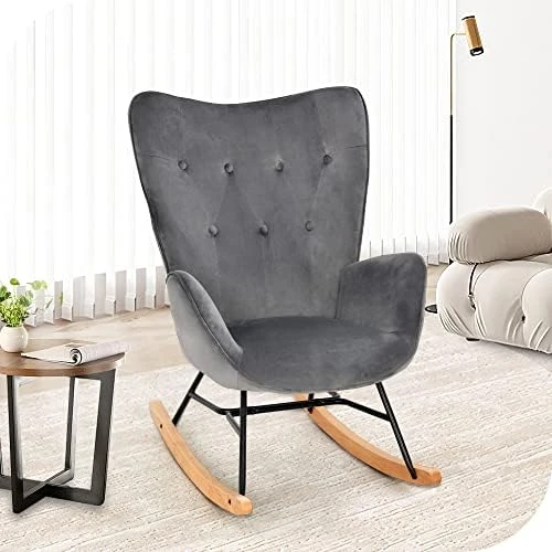 HERNEST Modern Rocking Chair For Nursery Linen Upholstered Rocker Glider Chair With High Backrest And Armrests Comfy Accent Rocking Armchair For Living Room Bedroom,Dark Grey - Image 5