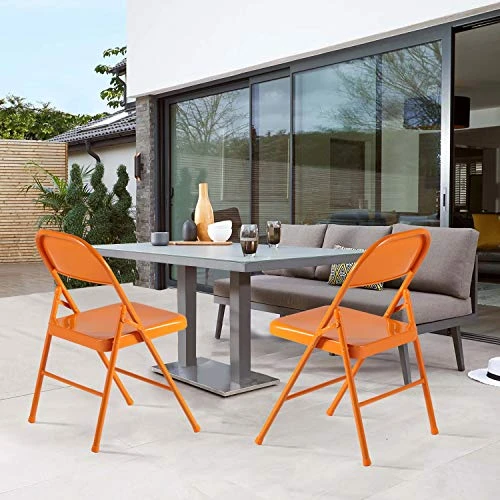 VECELO Metal Frame Folding Hold Up To 350 Pounds, Mounted Steel Chairs With Triple Braced & Double Hinged Back For Home Office, Set Of 4, Orange - Image 5
