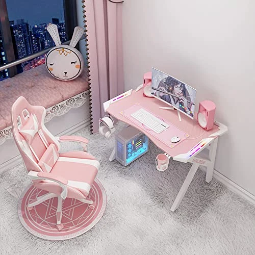 Haoo E-sports Game Table, Girl Pink Home Ergonomic Modern Minimalist Style Notebook Computer Study Table, Home Table, Large Monitor Stand Table (Pink K Leg With RGB Light,60 * 80) - Image 4