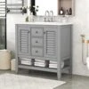 Merax 36" Bathroom Vanity With Ceramic Basin, Two Cabinets And Drawers, Open Shelf, Solid Wood Frame, Gray