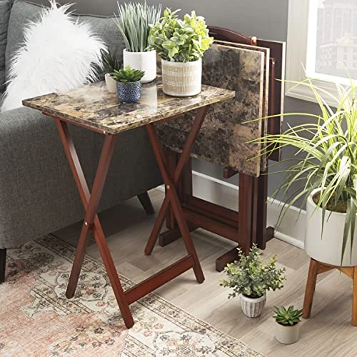 Linon Home Decor Tray Table Set, Faux Marble, Brown - Image 3