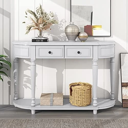 Polibi Retro Curved Console Table With Open Style Shelf And 4 Top Drawers, 52" W Half Moon Entry Table With Solid Wooden Frame And Legs For Living Room, Entryway And Hallway, Antique Grey - Image 13