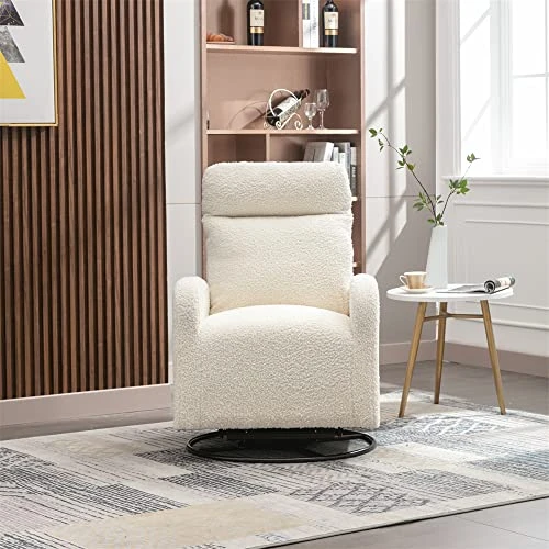 Swivel Rocker Recliner Chair With Metal Base And Side Pocket, Upholstered Nursery Glider Chair, Comfortable Rocking Chair For Nursery, Home And Office, Modern High Back Arm Chair, White Teddy - Image 2