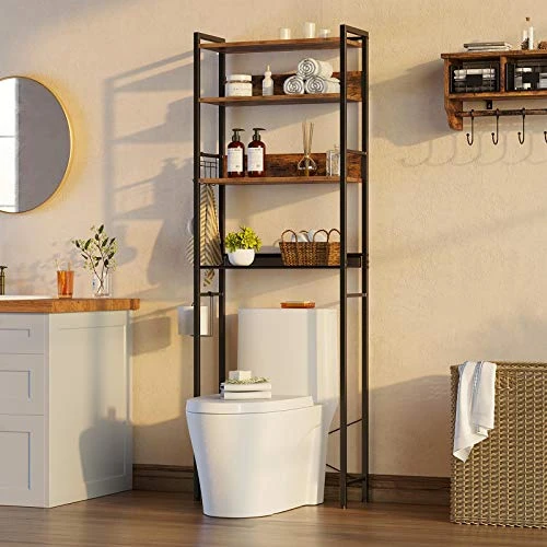 Rolanstar Over The Toilet Storage, 4-Tier Wooden Bathroom Space Saver With Hooks, Freestanding Bathroom Organizer, Multifunctional Over The Toilet Storage Rack, Bathroom Toilet Rack, Rustic Brown - Image 2