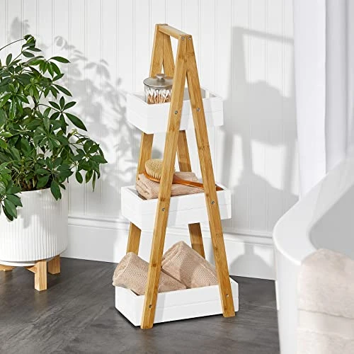 MDesign Leaning A-Frame 3-Tiered Triangle Shelf For Bathroom, Free-Standing Wood Ladder Storage Rack Room Decor Shelves, Decorative Organizer Bins For Towels, Hand Soap, Toiletries, White/Natural - Image 2