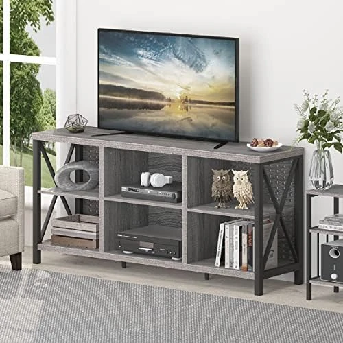 LVB Rustic Entertainment Center For 65 Inch TV, Industrial Wood And Metal TV Stand With Storage Shelf, Modern Television Media Console Table With Cabinet For Living Room Bedroom, Rustic Oak, 55 Inch - Image 7