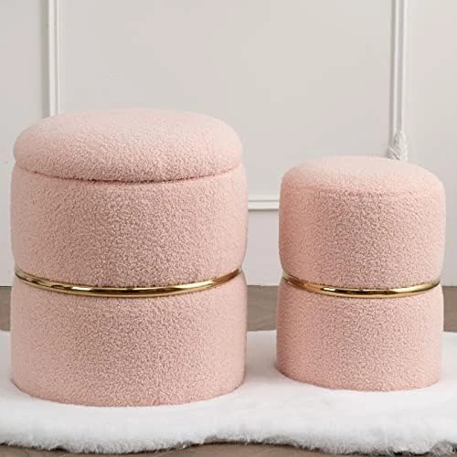 Furnimart Round Bronzing Velvet Storage Ottoman,Vanity Stool Chair,Upholstered Foot Rest Stool With Gold Plating Band For Living Room Or Bedroom,Pack Of 2 - Image 11