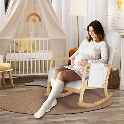 NOBLEMOOD Nursery Rocking Chair With Ottoman, Modern Indoor Baby Nursing Glider Rocker Chair With Free Lumbar Pillow Wooden Armrest For Living Room (Burlywood) - Image 6