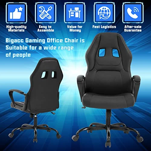 Gaming Chair PC Computer Chair Office Chair For Adult Teen Kids, Ergonomic PU Leather Gamer Chair With Lumbar Support High Back Adjustable Rolling Swivel Desk Chair, Black - Image 2