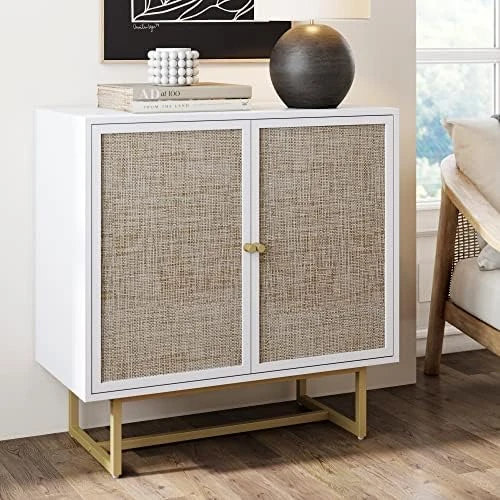 Nathan James Kova Accent Natural Storage Cabinet Sideboard Wood And Rattan With Matte Metal Frame, Adjustable Interior Shelves And Cane Doors, For Hallway, Entryway Or Living Room, Light Oak/Black - Image 8