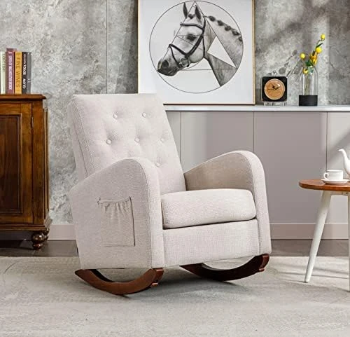 SmartDer Comfy Rocking Chair Nursery, Padded Rocking Chair With A Pocket, Accent Armchair With High Backrest And Solid Wood Base, Modern Lounge Living Room Chair For Nursery, Beige-Smooth Backrest - Image 10