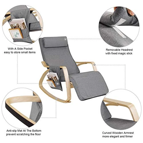 Relax Adjustable Lounge Rocking Chair With Pillow & Pocket Comfortable Armrest Backrest Adjustable Footrest - Image 4