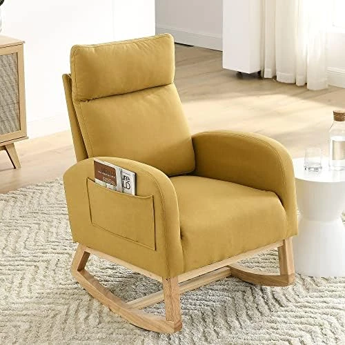 Krinana Nursery Rocking Chair With Solid Wood Legs, Glider Chair For Nursery With Two Side Pockets, Rocker Armchair For Living Room Bedroom (Beige, Linen Fabric) - Image 12