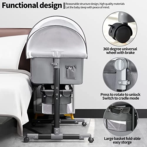 YADAQE Baby Bassinet With Mosquito Net Crib Head Sleeper, Easy To Fold Portable Crib, Quick Assembly Baby Bassinet Can Safely Sleep With (Gray) - Image 3