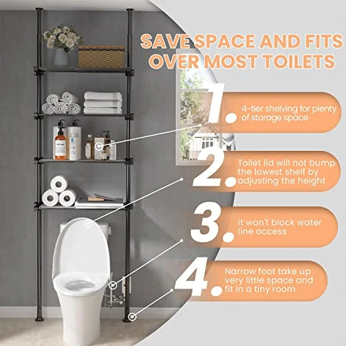 ALLZONE Bathroom Organizer, Over The Toilet Storage, 4-Tier Adjustable Shelves For Small Room, Saver Space, 92 To 116 Inch Tall, Black - Image 3