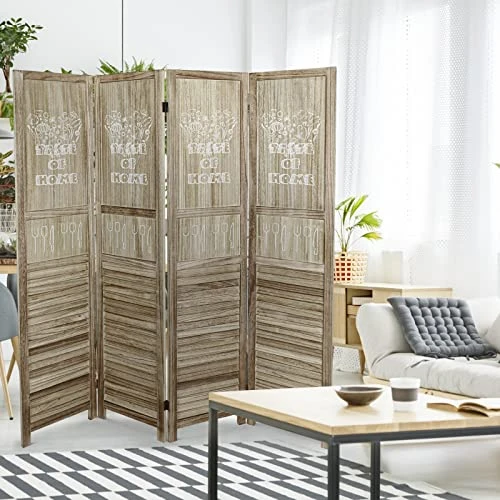 ECOMEX 4 Panel Room Divider, 5.6 Ft Tall Wood Room Dividers And Folding Privacy Screens Portable Partition Room Dividers With Pattern For Home Office Bedroom Dining Room, Brown