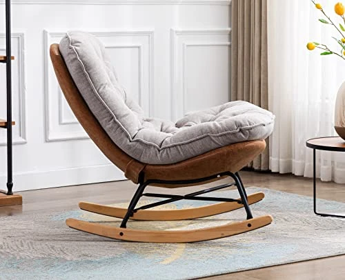 Kmax Rocking Chair Nursery Tufted Accent Glider Chair With Tufted Linen Fabric Cushion PU Leather Base For Baby Nursery Bedroom Living Room, Light Grey - Image 2