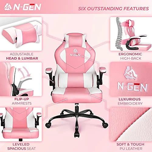 N-GEN Gaming Chair Ergonomic Office Chair PC Desk Chair With Lumbar Support Flip Up Arms Levelled Seat Style Headrest PU Leather Executive High Back Computer Chair For Adults Women Men (4. Peach Pink) - Image 2