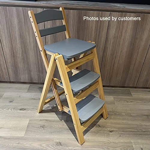 QQXX Folding Bar Stool Multifunctional 3 Step Ladder,Solid Wood Ladder Stool Counter Height Tall Stool,Portable Foldable Stool Step Stool For Adults Kitchen Outdoor(21.5β X 15.7β X 34.6β, Gray) - Image 5