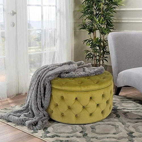 Homebeez Round Velvet Storage Ottoman Button-Tufted Footrest Stool Coffee Table For Living Room (Emerald Green) - Image 15